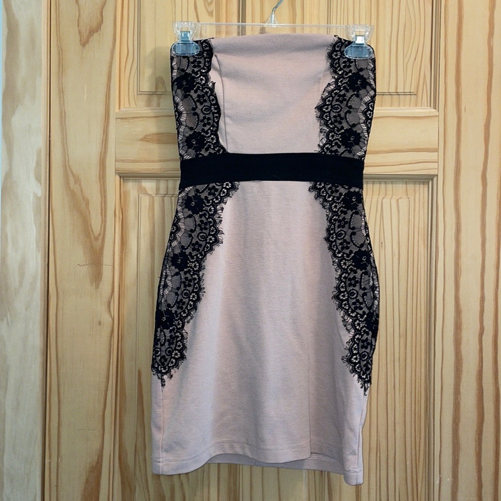 Black & Tan Sleeveless Contrast Lace Accent BODYCON MINI SLIP DRESS M Strapless